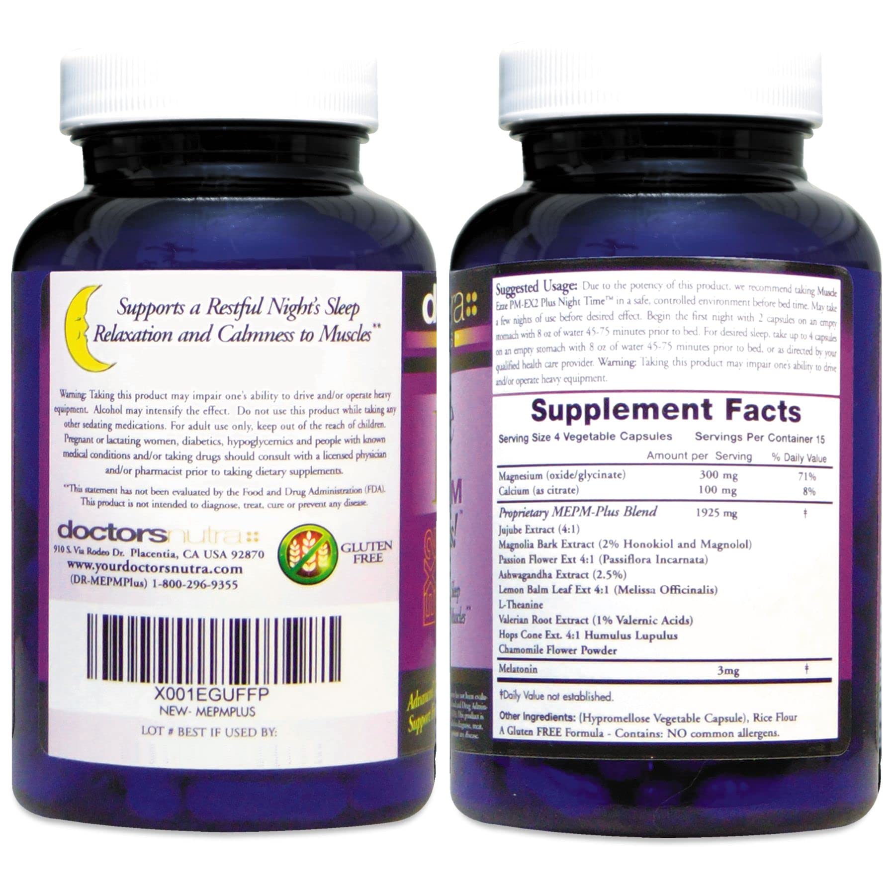 Ingredient panel highlighting herbs and botanicals in the Muscle Ezze PM Plus blend