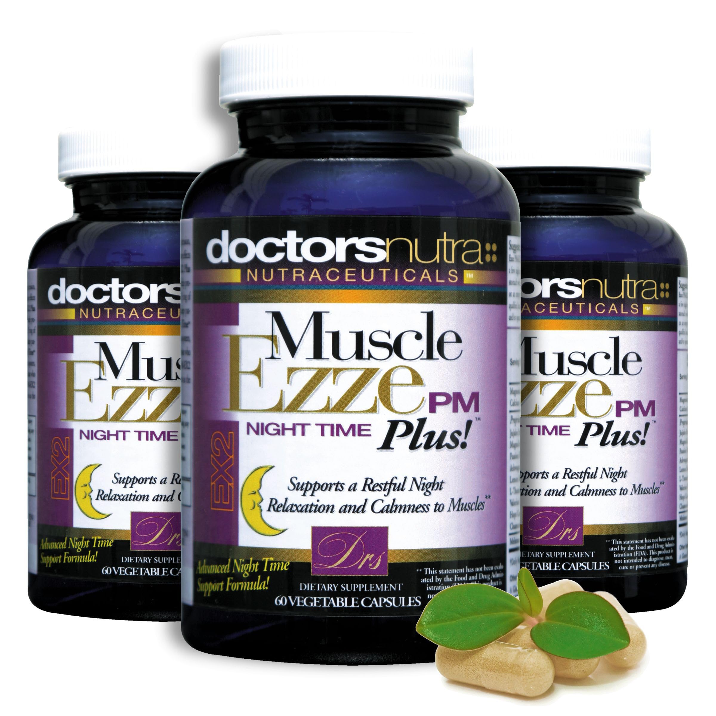 Nighttime routine scene with Muscle Ezze PM Plus bottle beside a glass of water