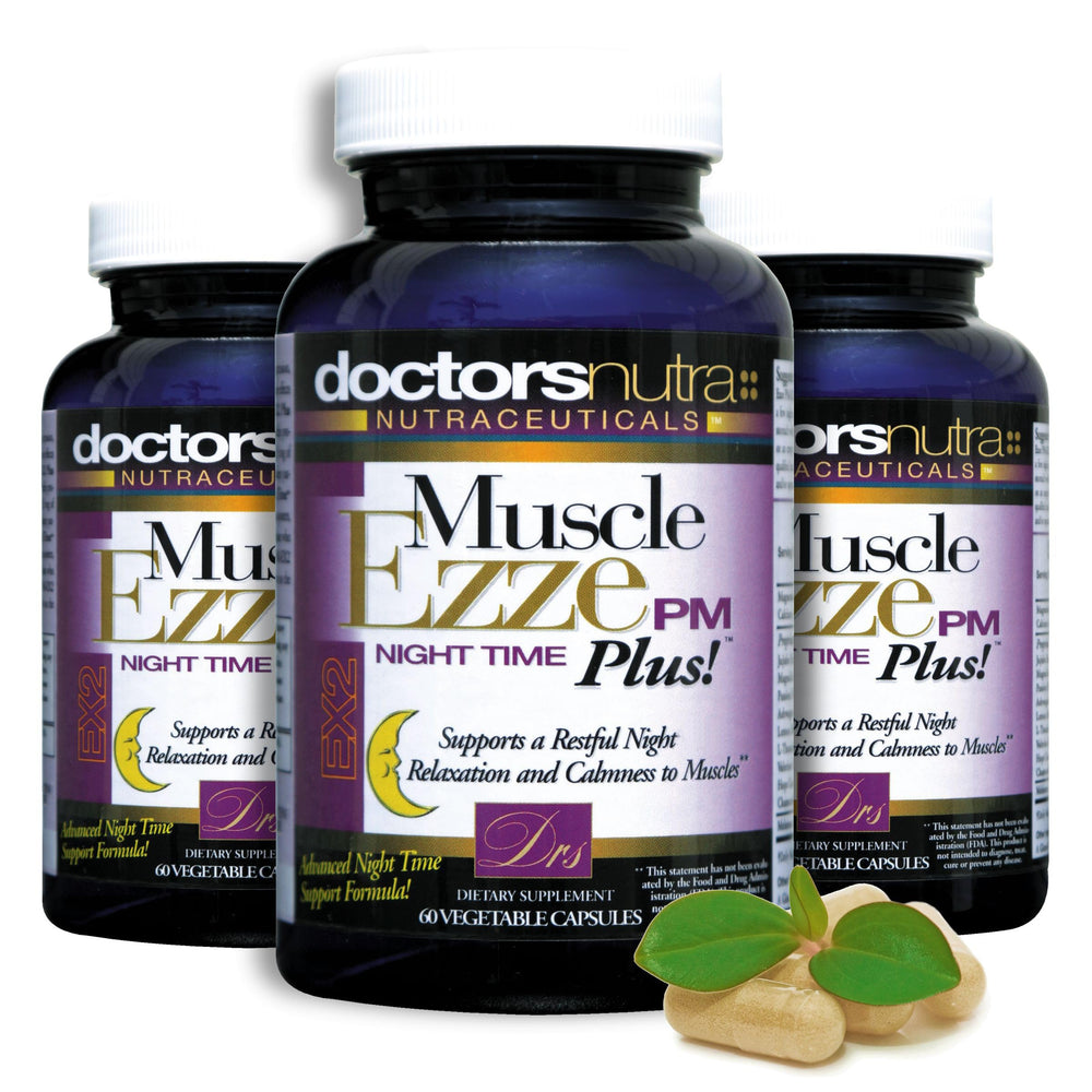 Nighttime routine scene with Muscle Ezze PM Plus bottle beside a glass of water