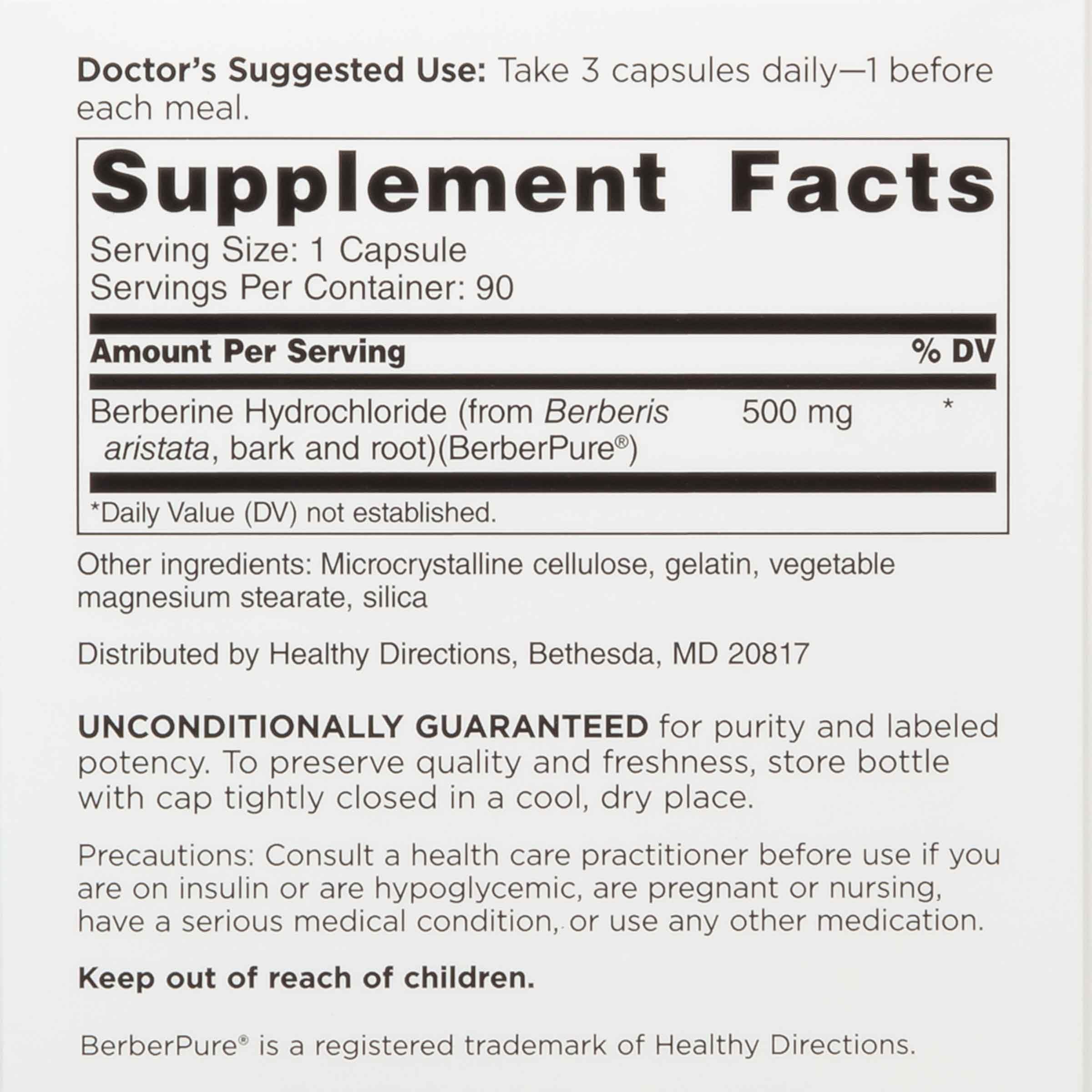 Closeup of DOCTORS' PREFERRED Berberine capsules highlighting quality and dosage