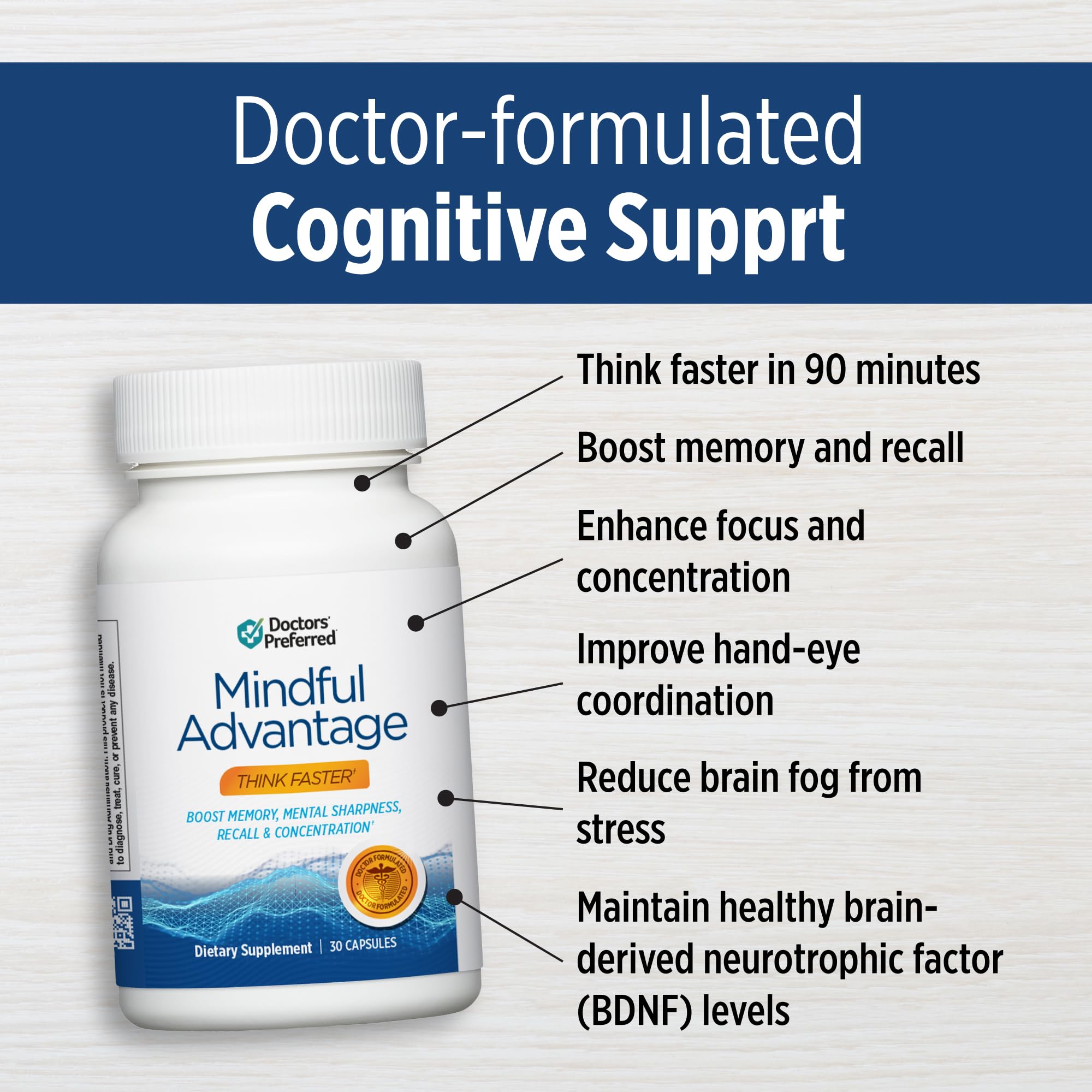 DOCTORS' PREFERRED Mindful Advantage packaging highlights quality and trusted brain support.