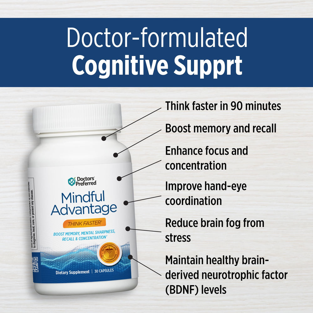 DOCTORS' PREFERRED Mindful Advantage packaging highlights quality and trusted brain support.