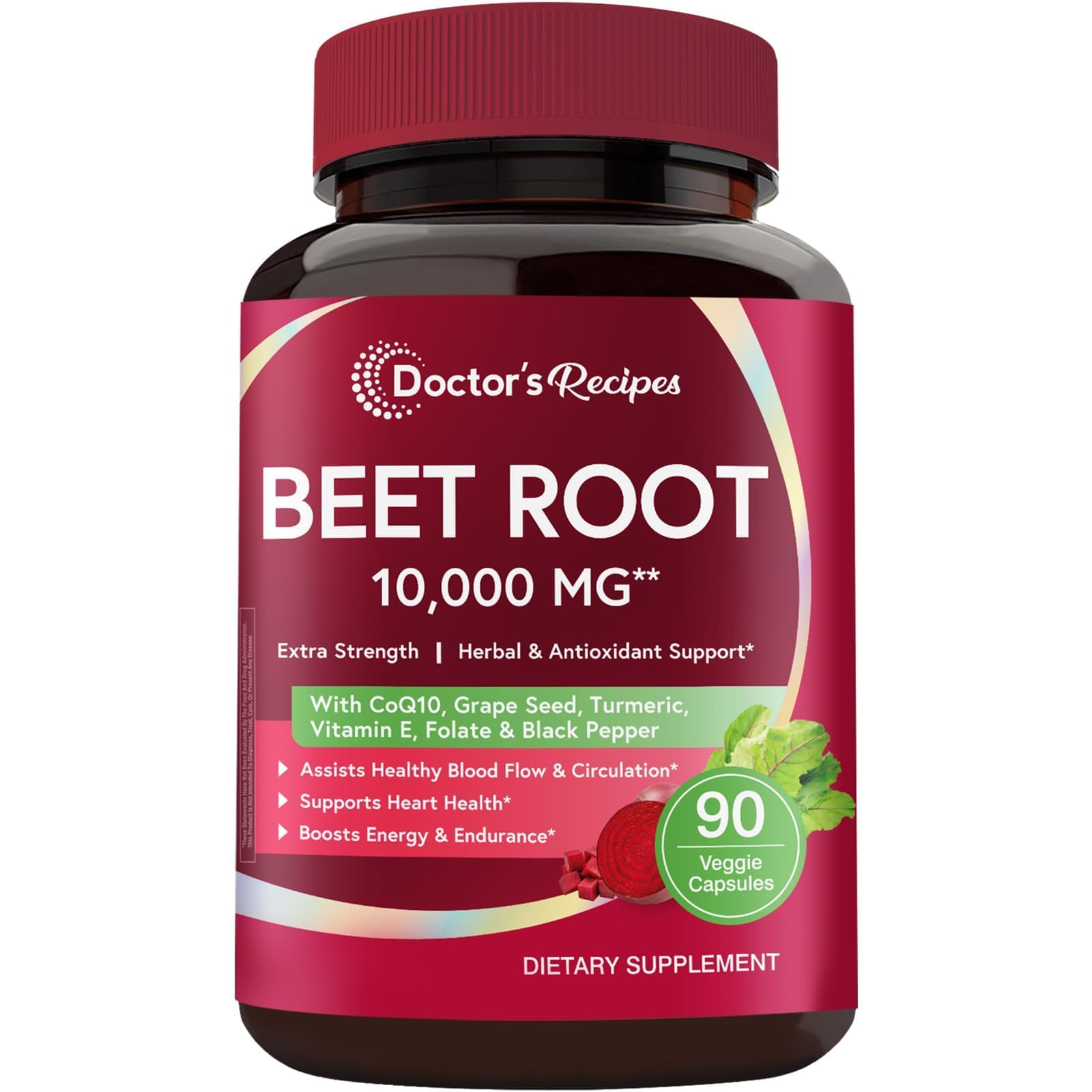 Doctor's Recipes Beet Root 10000 mg bottle shows high potency for daily circulation support