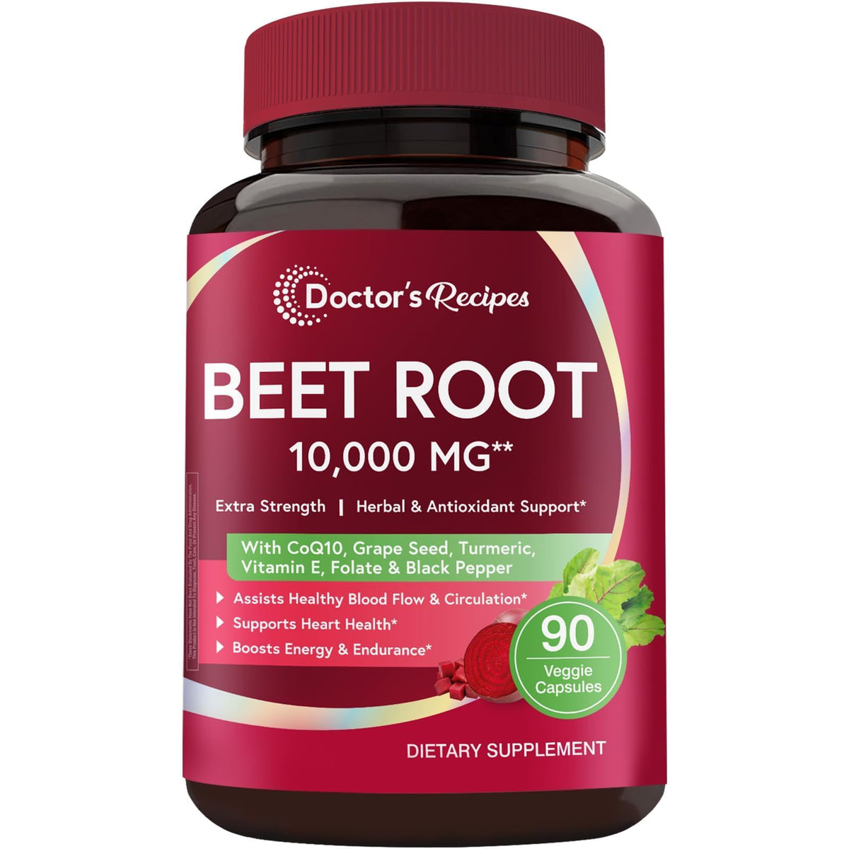 Doctor's Recipes Beet Root 10000 mg bottle shows high potency for daily circulation support