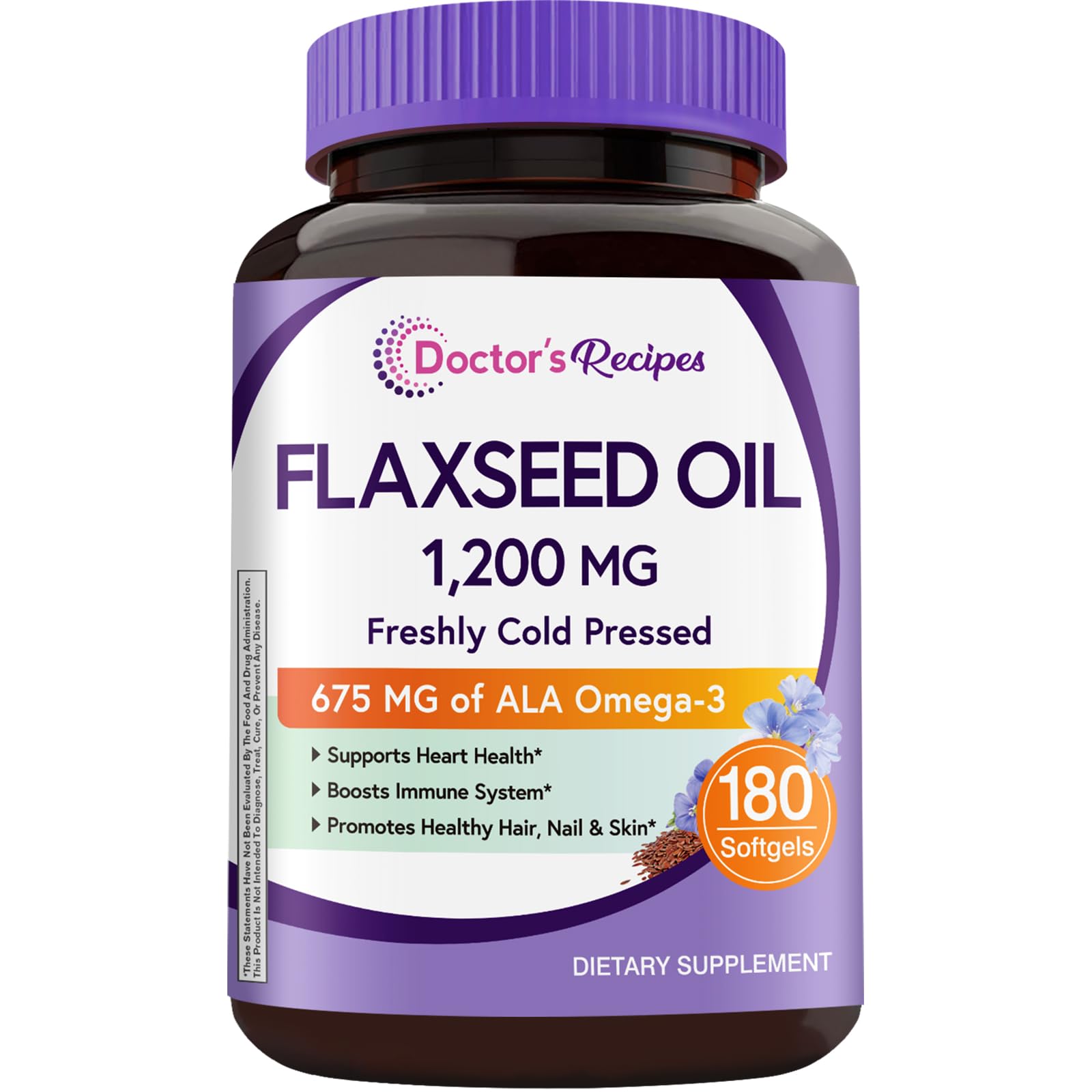 Doctor's Recipes flaxseed oil bottle with label, 1200 mg, rich in ALA
