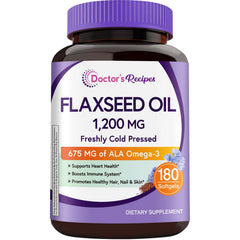 Doctor's Recipes flaxseed oil bottle with label, 1200 mg, rich in ALA