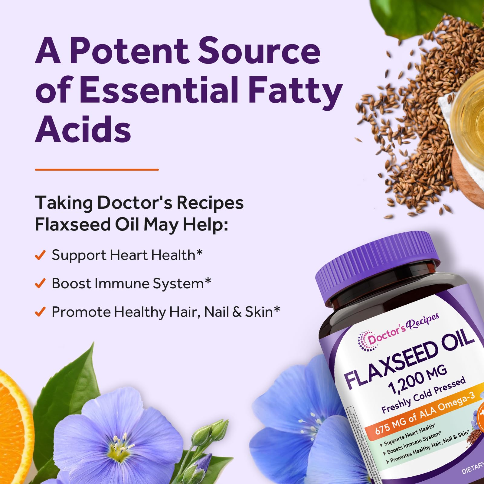 Doctor's Recipes flaxseed oil bottle shows golden cold pressed oil