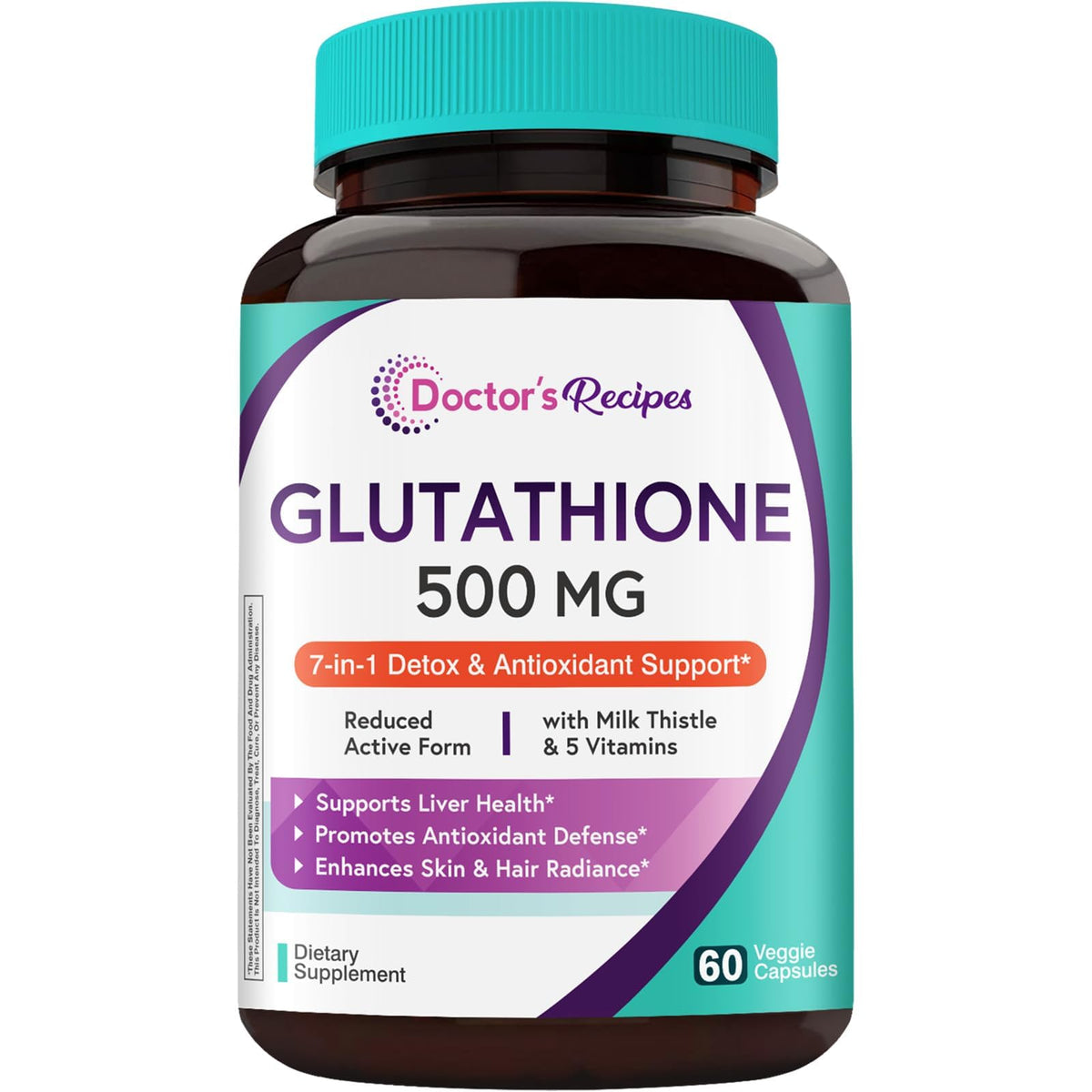 Doctor's Recipes Glutathione 500 mg bottle label highlights 7-in-1 antioxidant support.