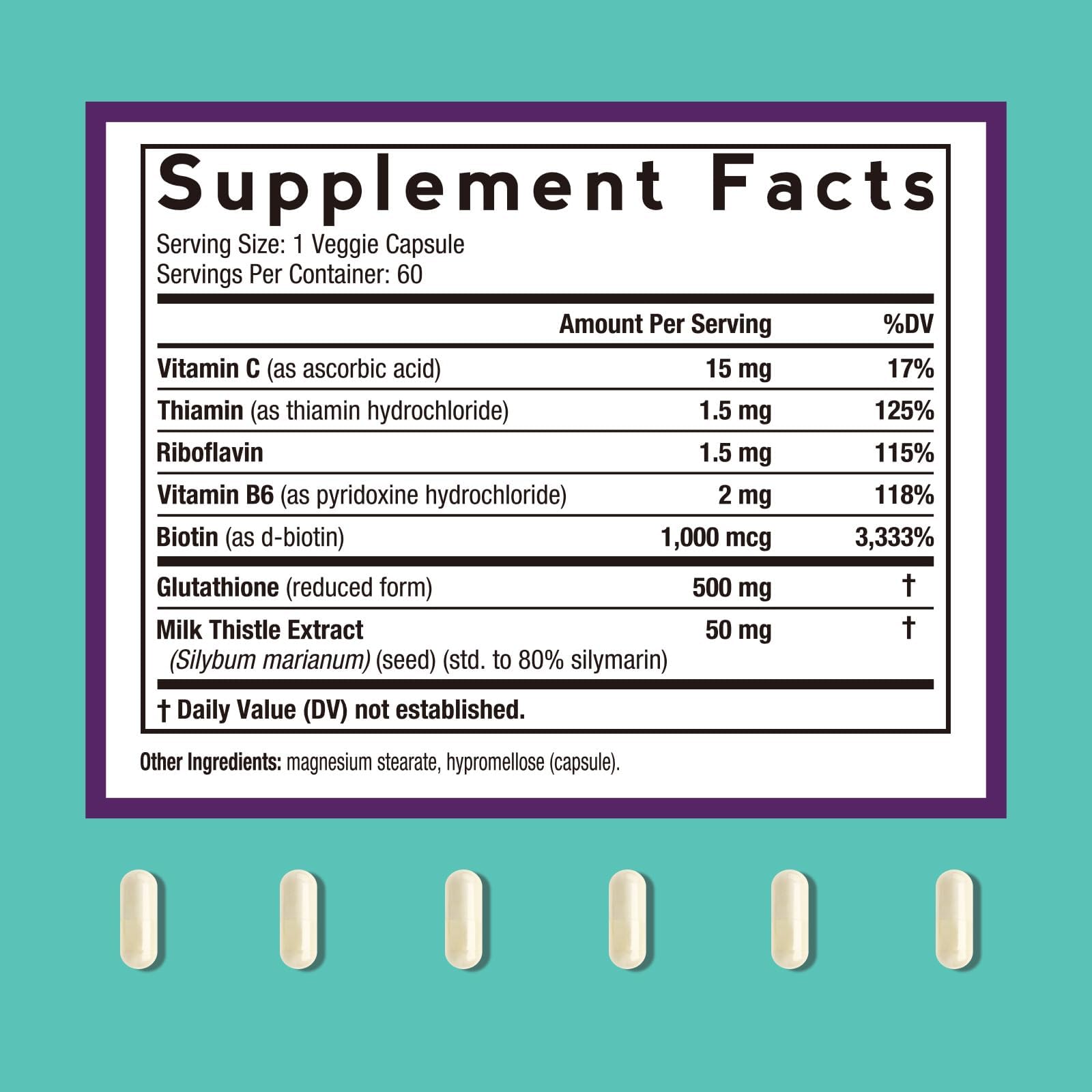 Glutathione 500 mg capsules with milk thistle emphasize liver-friendly antioxidant action.