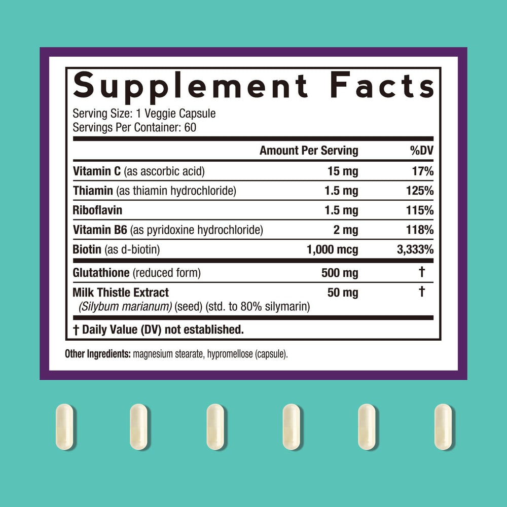 Glutathione 500 mg capsules with milk thistle emphasize liver-friendly antioxidant action.