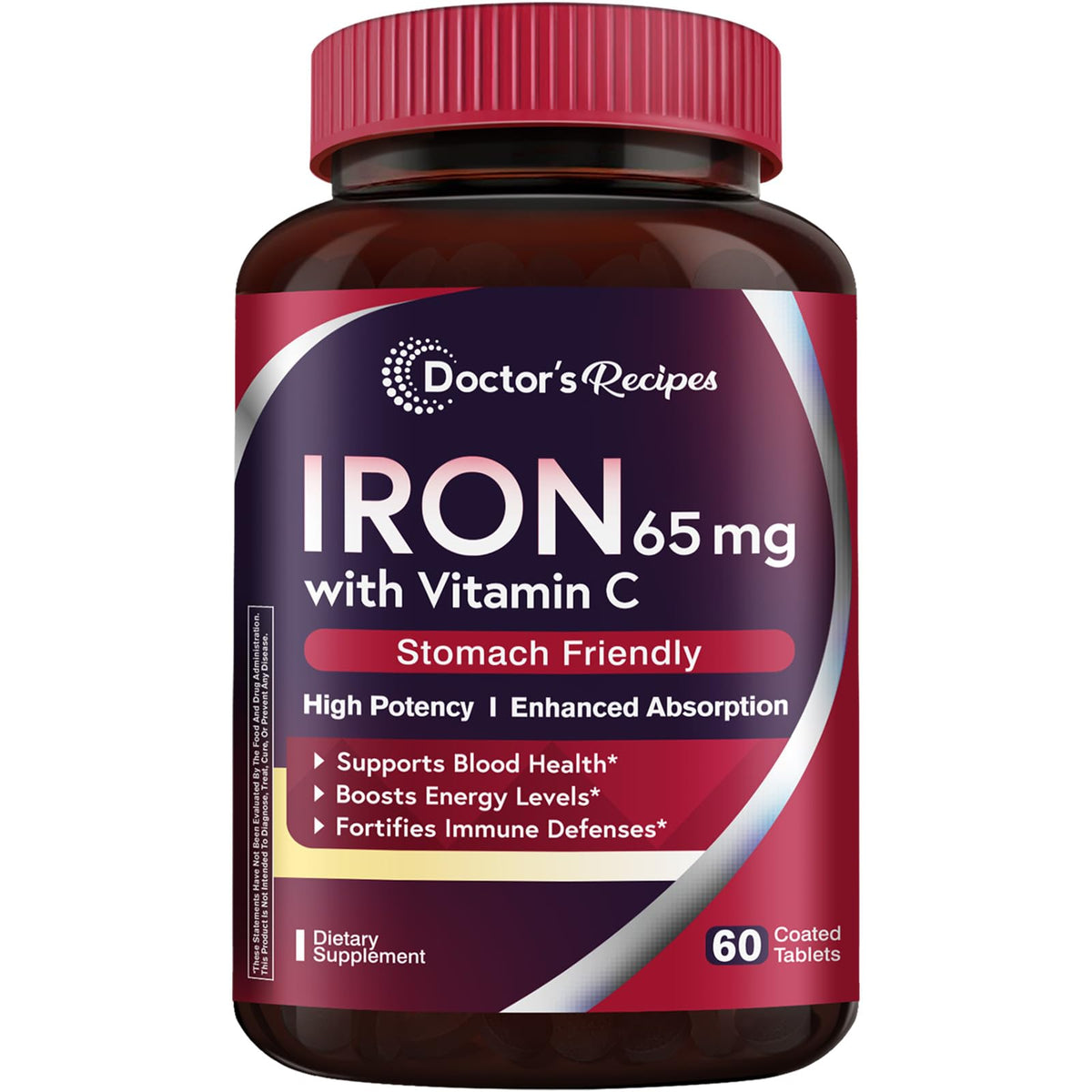 Doctor's Recipes iron 65mg vitamin C bottle supports daily energy.