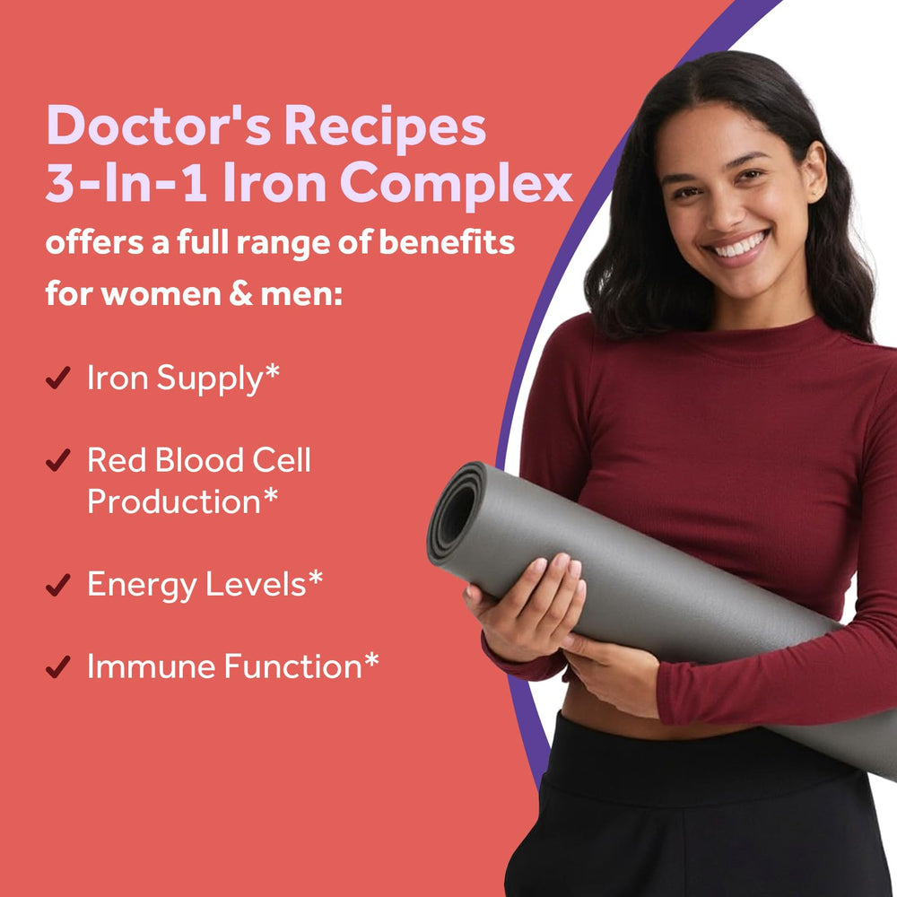 Doctor's Recipes Iron bottle label emphasizing Vitamin C for absorption.