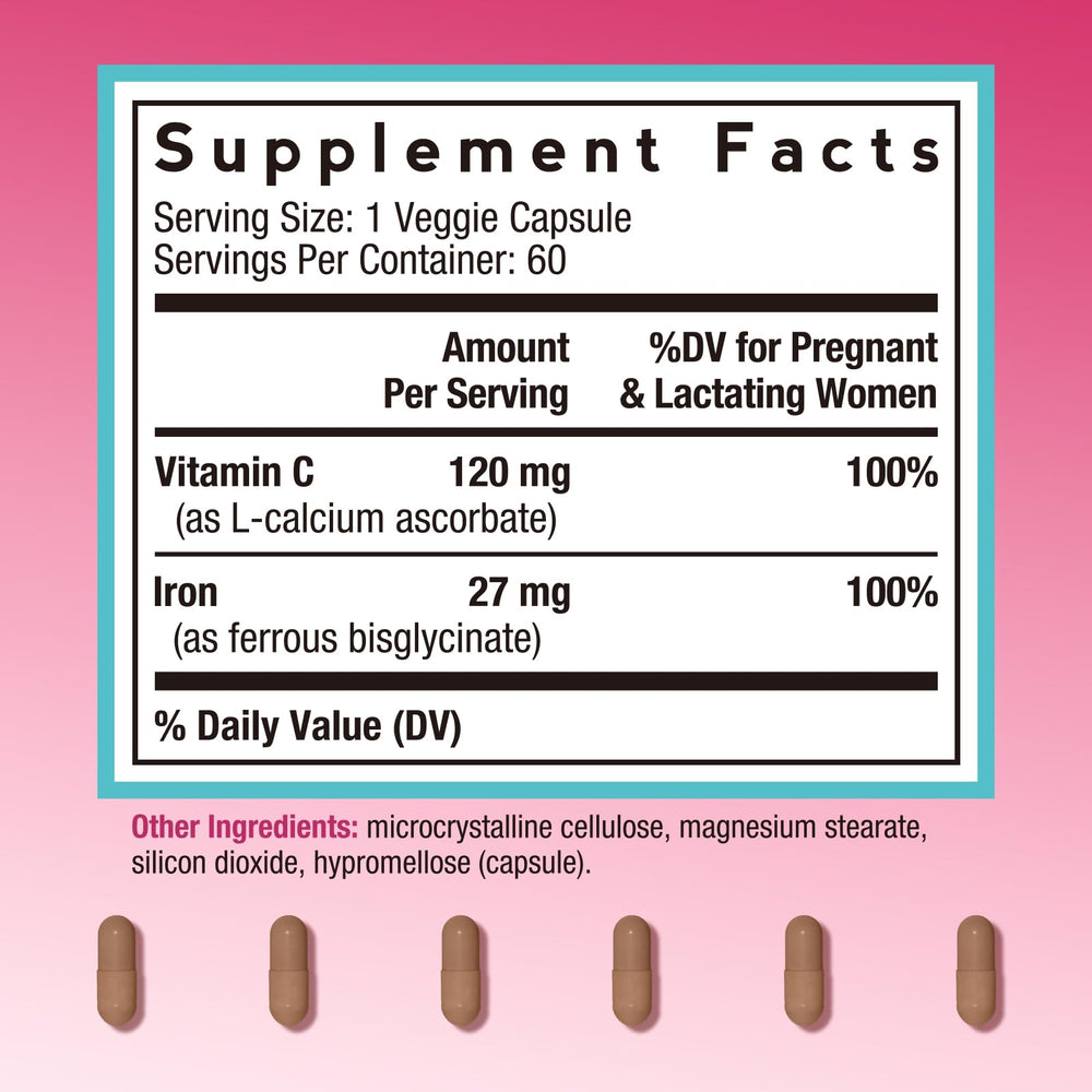 Close-up of Doctor's Recipes iron supplement capsules highlighting vegan formula
