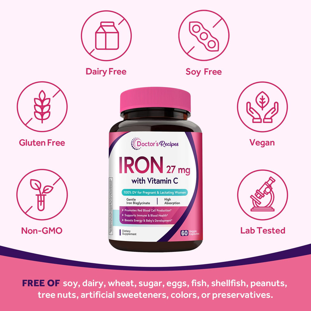 Doctor's Recipes iron supplement label shows USA-made facility quality
