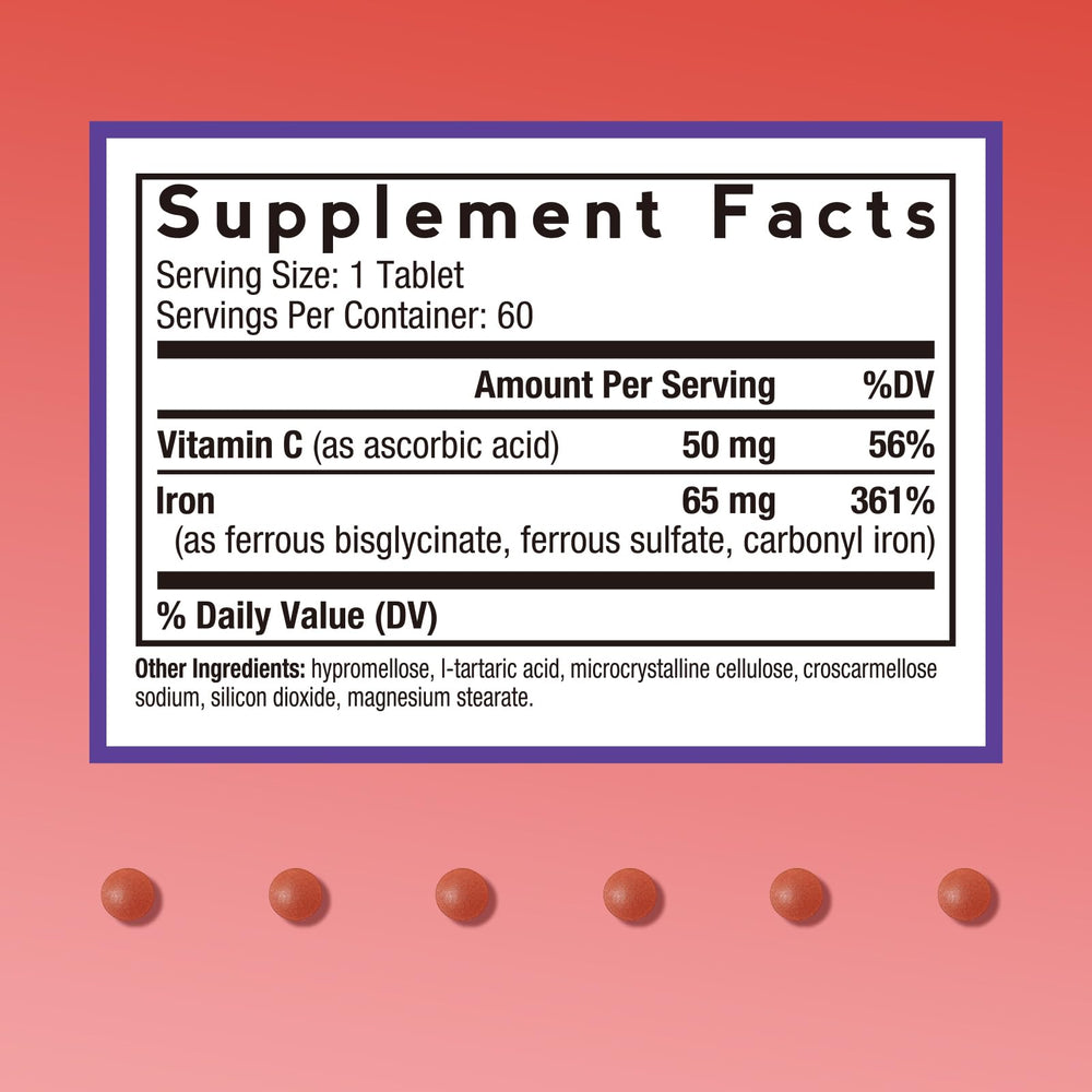 Doctor's Recipes Iron tablets closeup highlighting a high elemental iron blend.