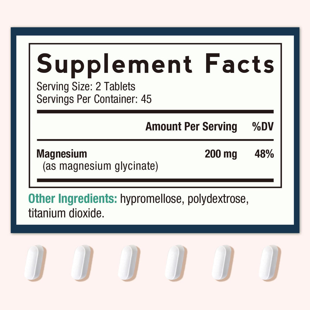 Doctor's Recipes Magnesium Glycinate tablets close-up highlights gentle digestion.