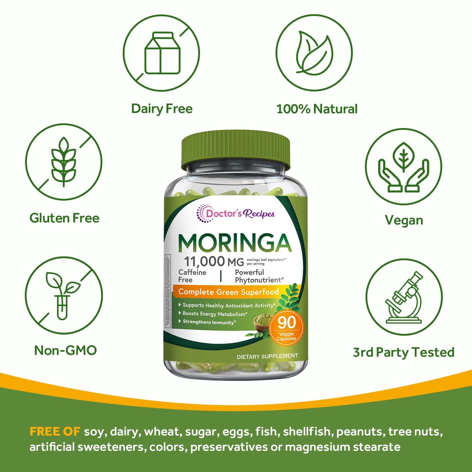 Doctor's Recipes Moringa serving scoop shows 11,000 mg per serving