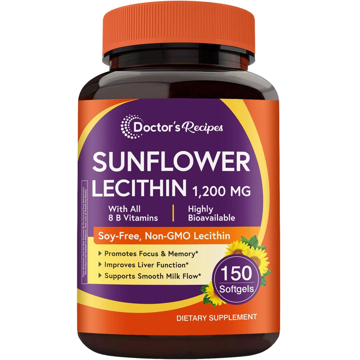 Doctor's Recipes Sunflower Lecithin bottle close-up for daily brain support.