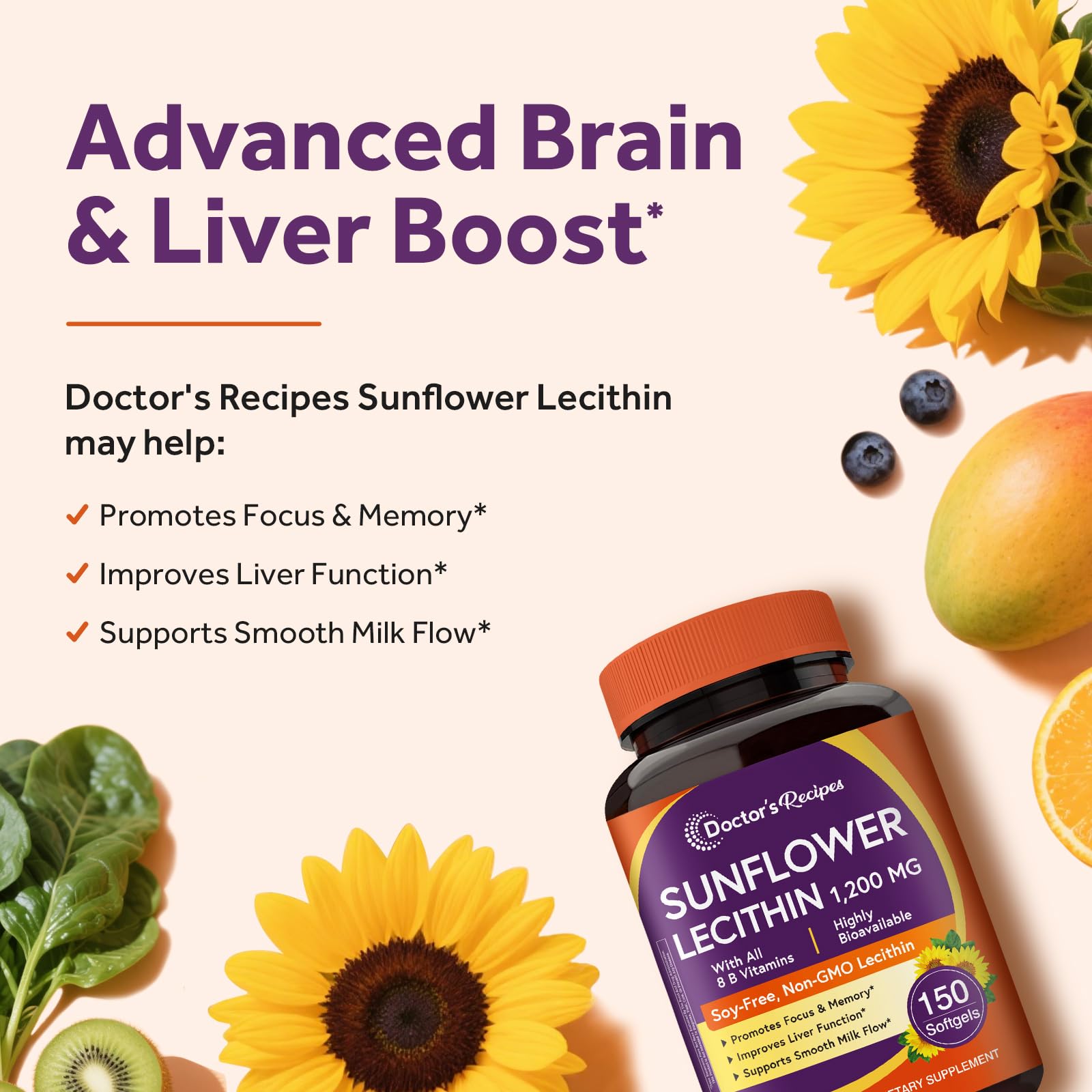 Doctor's Recipes Sunflower Lecithin bottle label highlights non-GMO and soy-free formula.