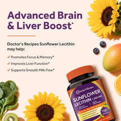 Doctor's Recipes Sunflower Lecithin bottle label highlights non-GMO and soy-free formula.