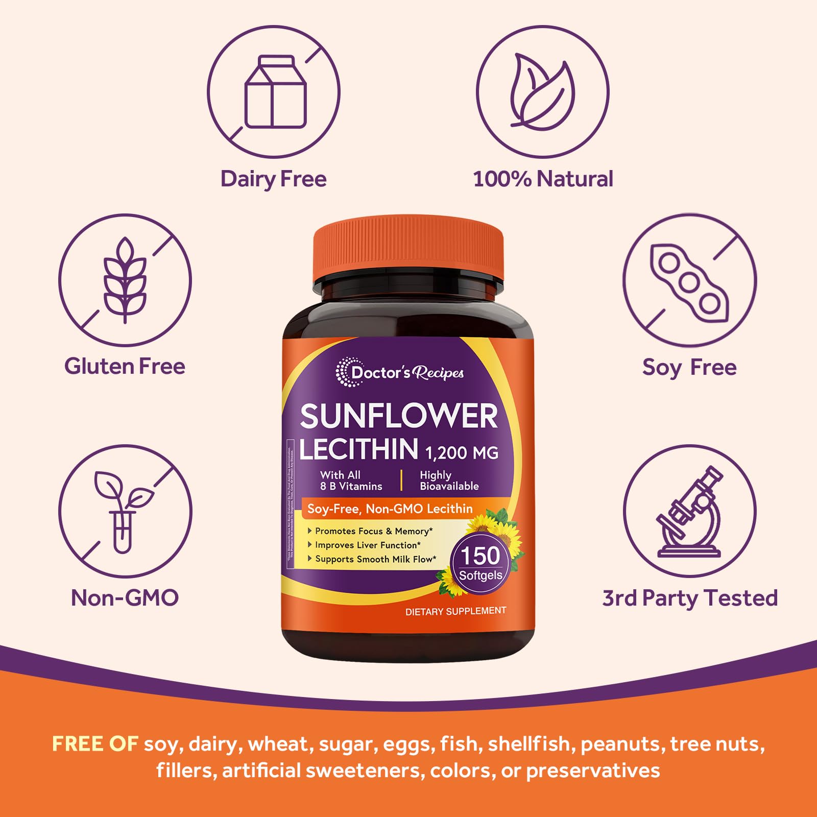 Doctor's Recipes Sunflower Lecithin packaging shows 1200 mg per softgel.