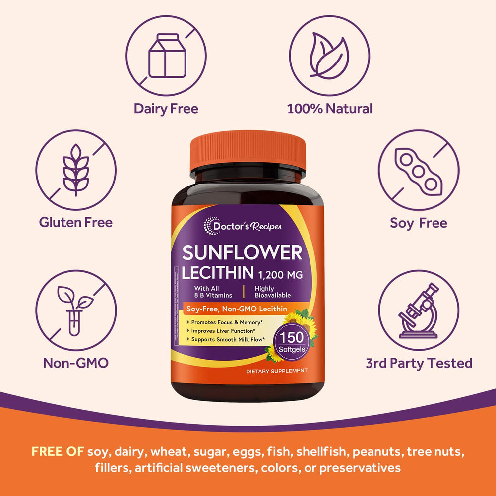 Doctor's Recipes Sunflower Lecithin packaging shows 1200 mg per softgel.