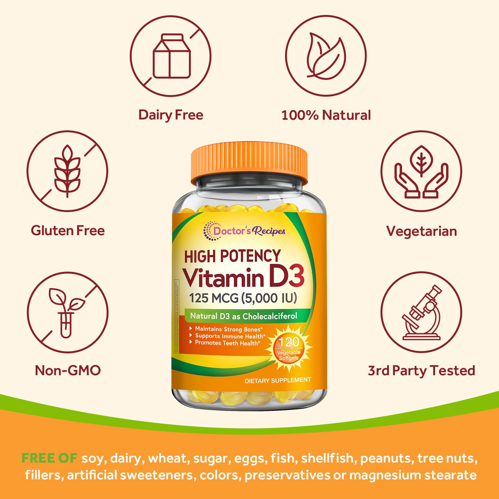 Doctor's Recipes Vitamin D3 5000IU bottle emphasizing bones and teeth support benefits