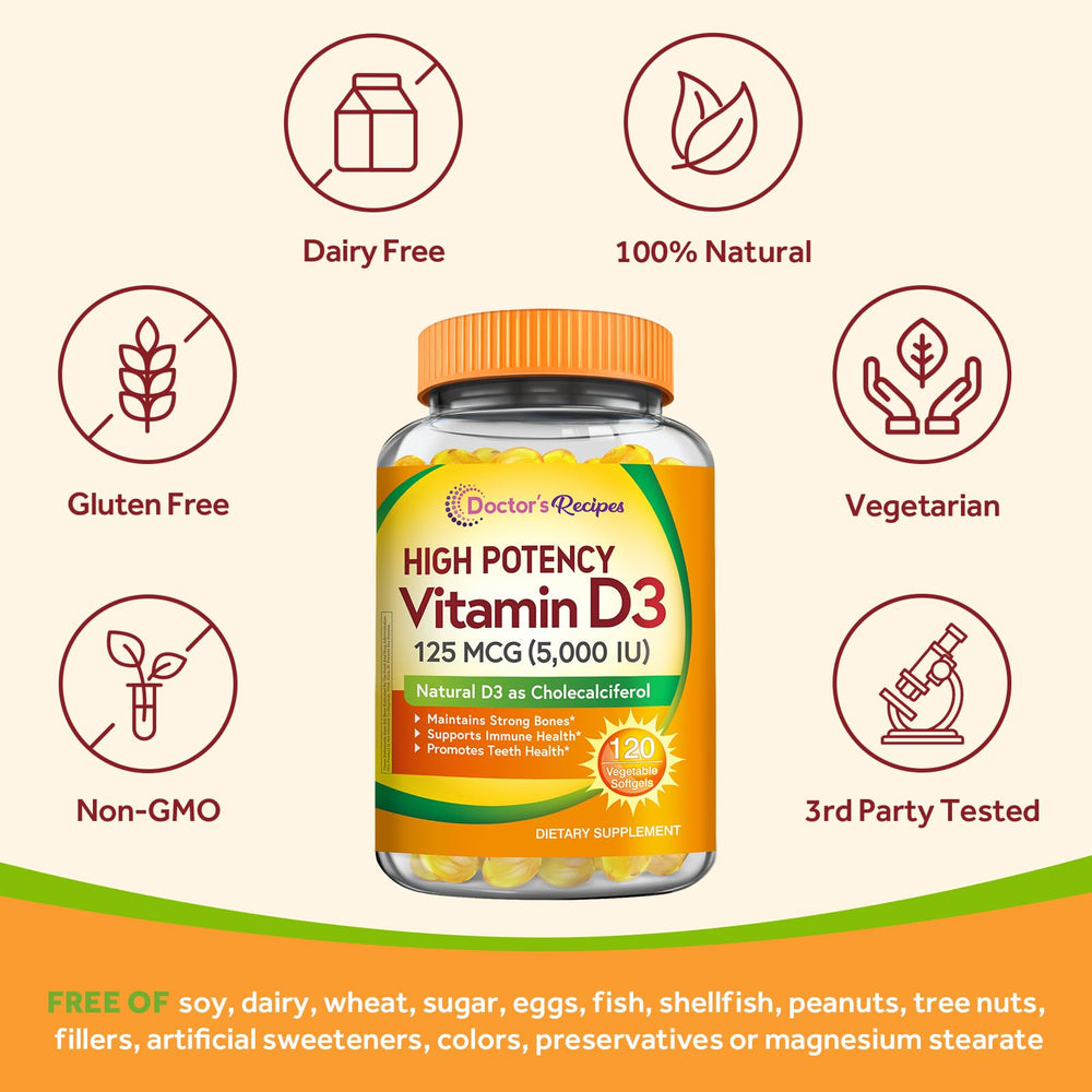 Doctor's Recipes Vitamin D3 5000IU bottle emphasizing bones and teeth support benefits