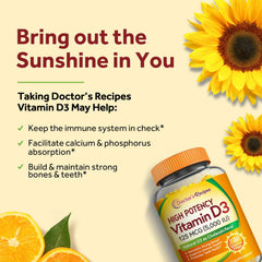 Doctor's Recipes Vitamin D3 5000IU immune-support visual highlighting daily defense potential