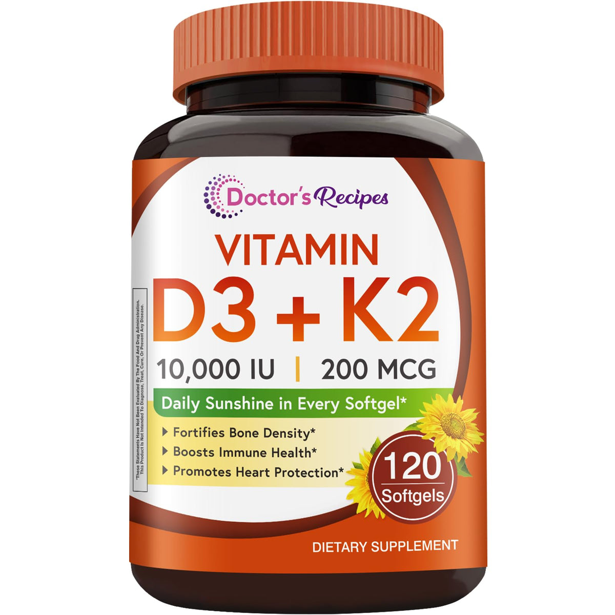 Doctor's Recipes Vitamin D3 K2 bottle front view supports bone density.
