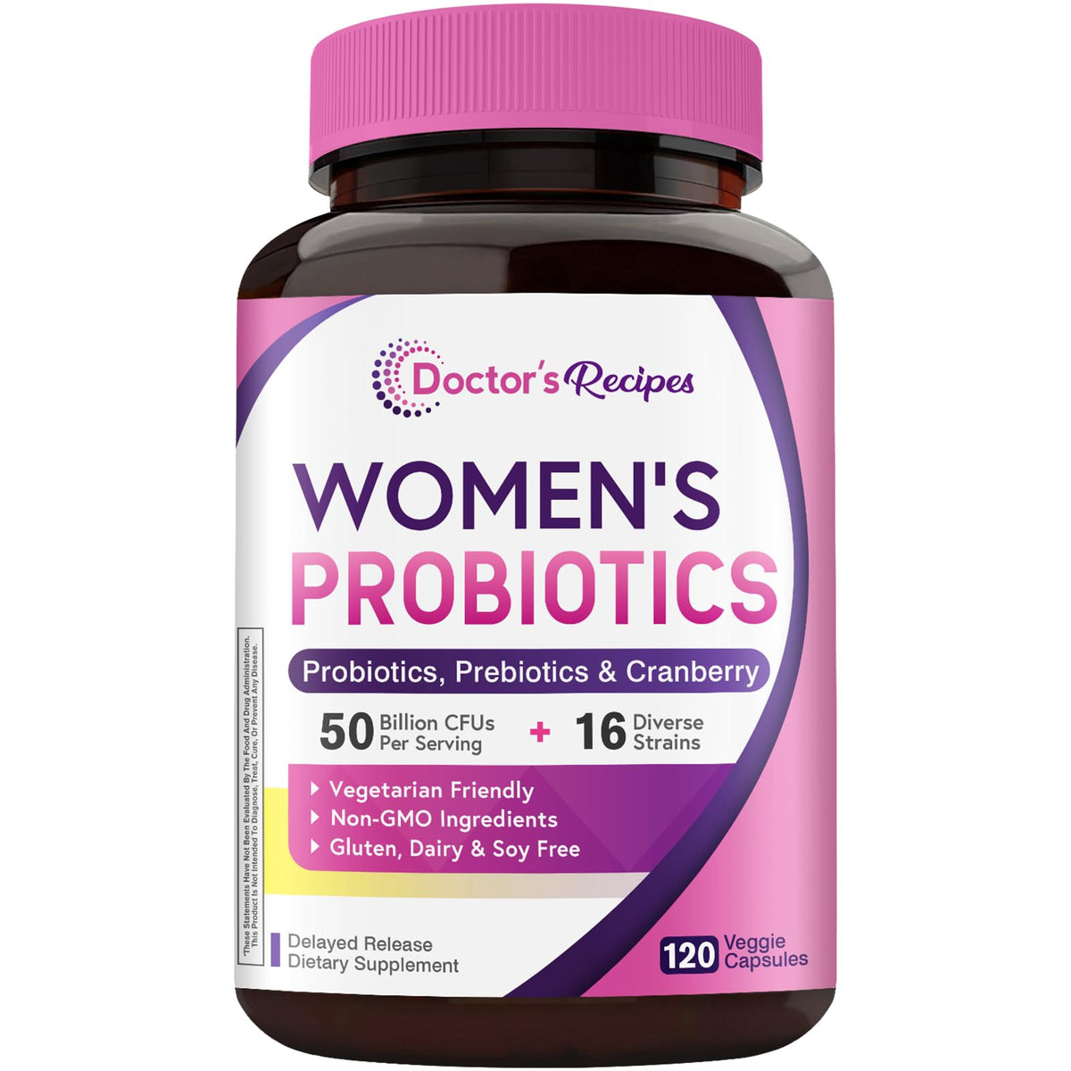 Doctor's Recipes Women's Probiotic bottle front showing 50B CFU and 16 strains