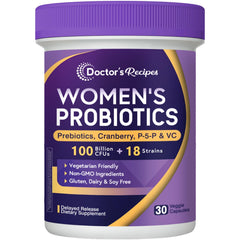 Doctor's Recipes Women's Probiotics bottle with 100 Billion CFU for daily balance.