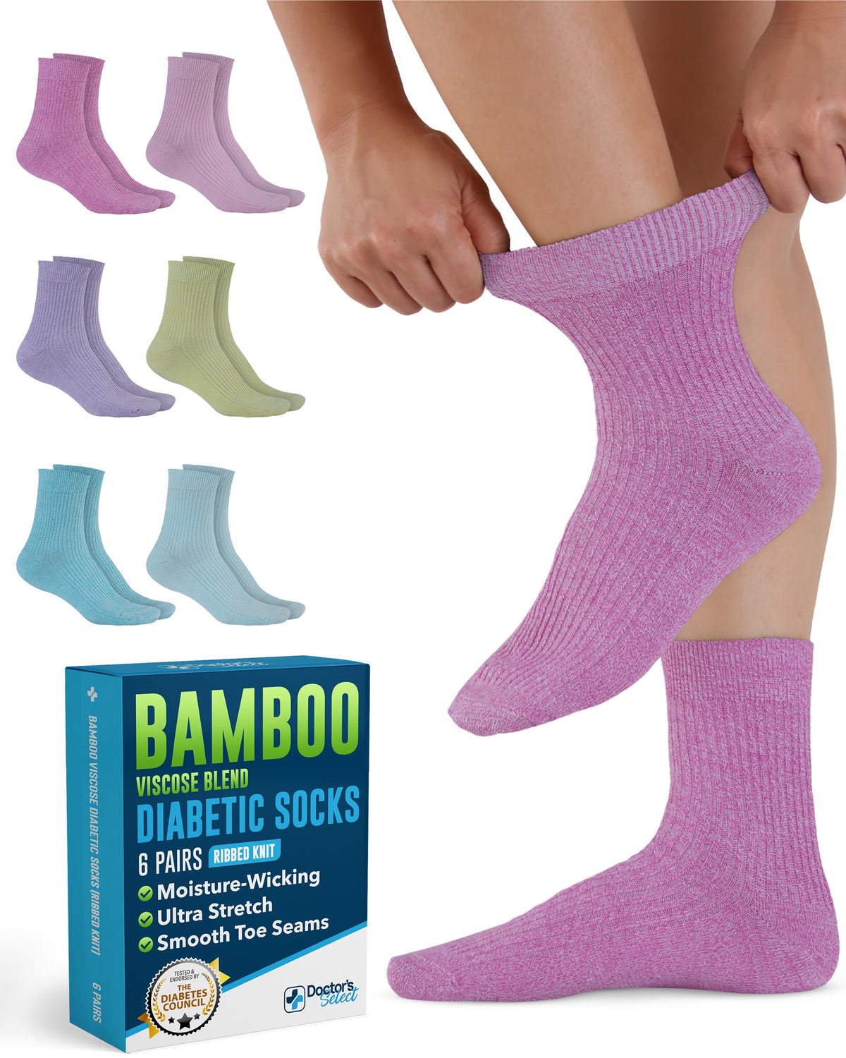 Doctor's Select bamboo viscose diabetic socks 6-pack for daily comfort and moisture management.