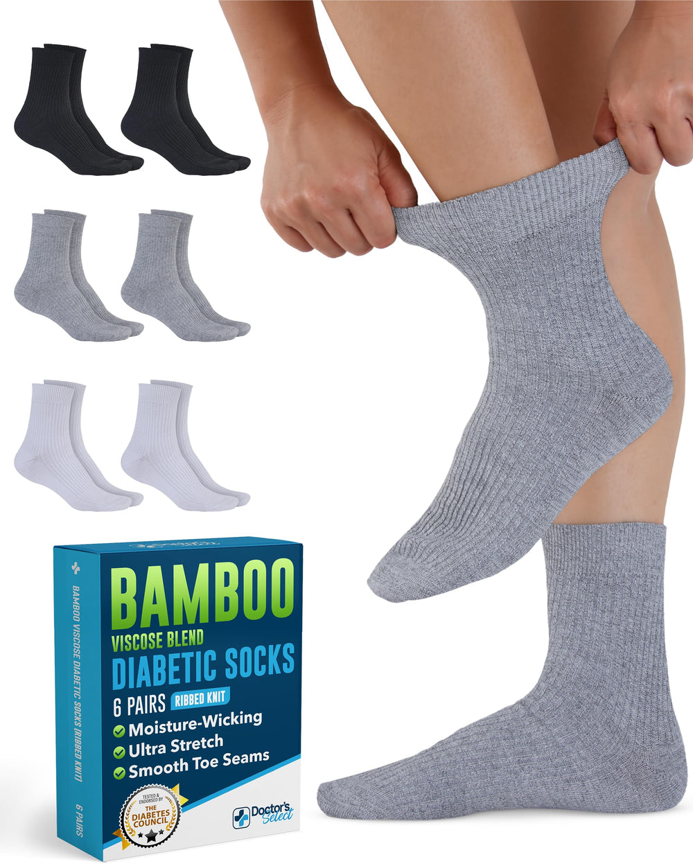 Doctor's Select bamboo diabetic socks in black for dry, comfortable feet all day