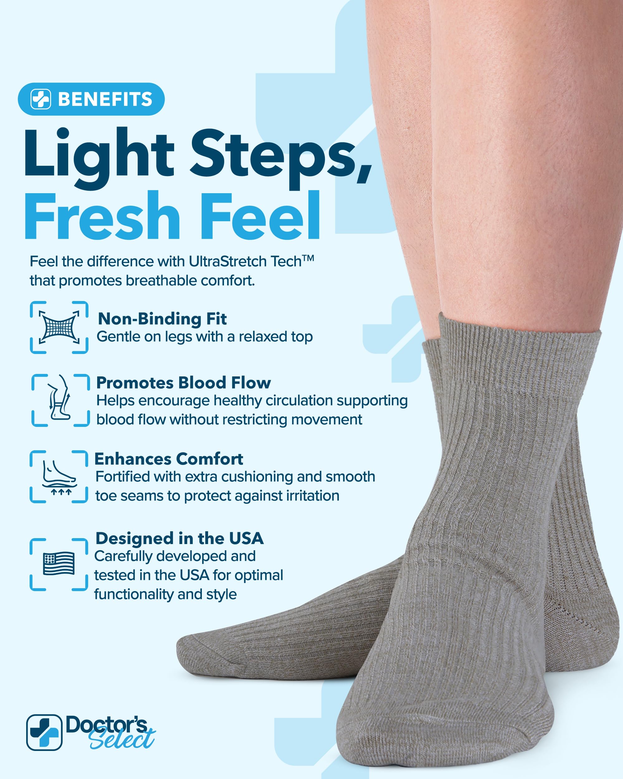 Doctor's Select cuff detail shows ultra-stretch top for gentle, secure fit