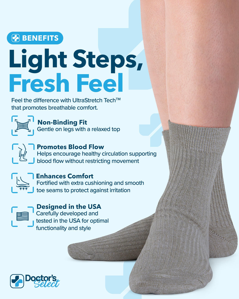 Doctor's Select cuff detail shows ultra-stretch top for gentle, secure fit
