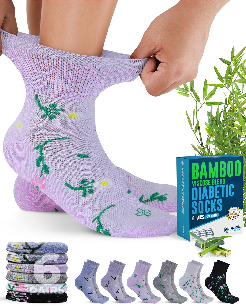 Doctor's Select bamboo viscose diabetic socks with flower pattern offer gentle support for sensitive feet.