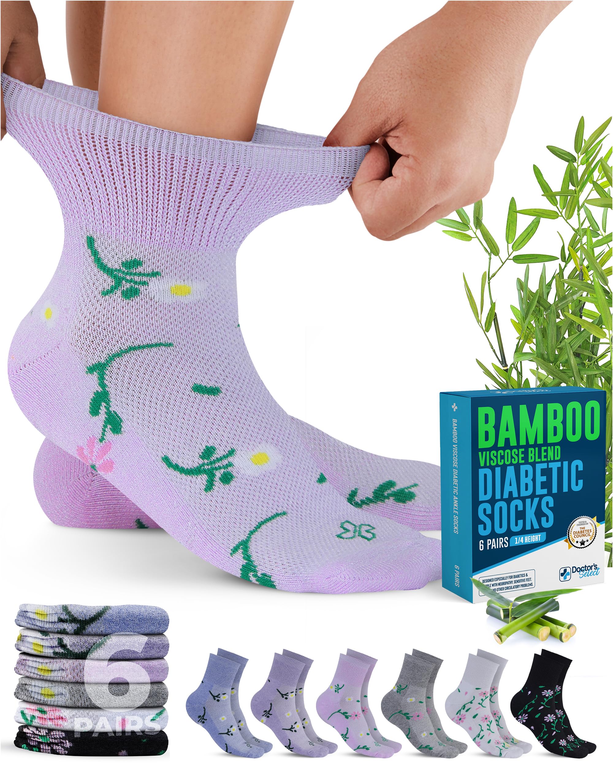 Doctor's Select bamboo viscose diabetic socks with loose top for breathable comfort.