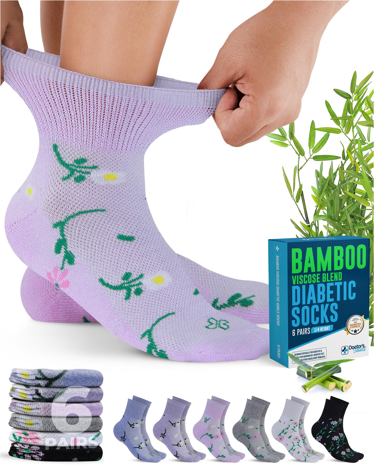 Doctor's Select bamboo viscose diabetic socks with loose top for breathable comfort.