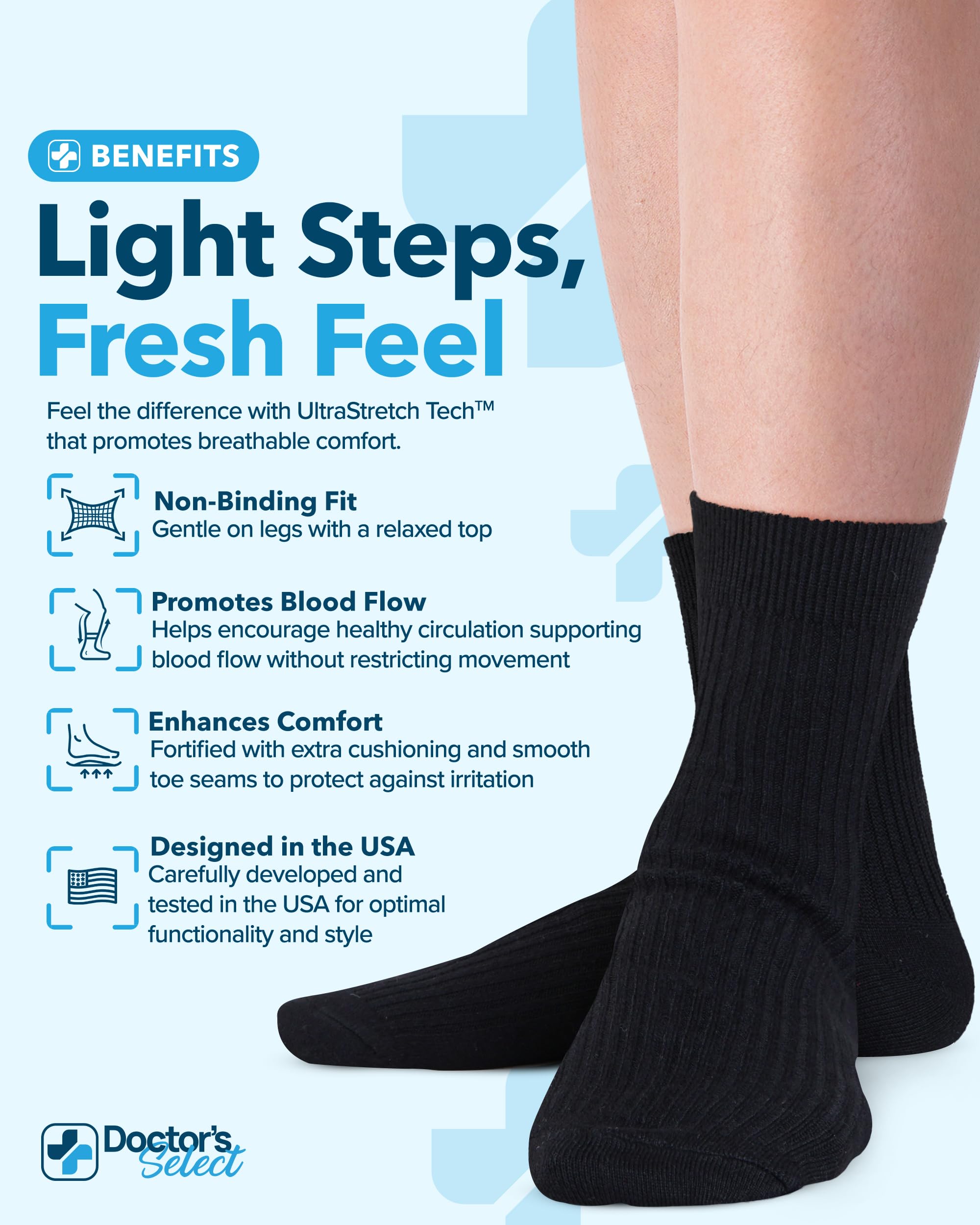 Doctor's Select diabetic socks feature a smooth toe seam for irritation-free wear.