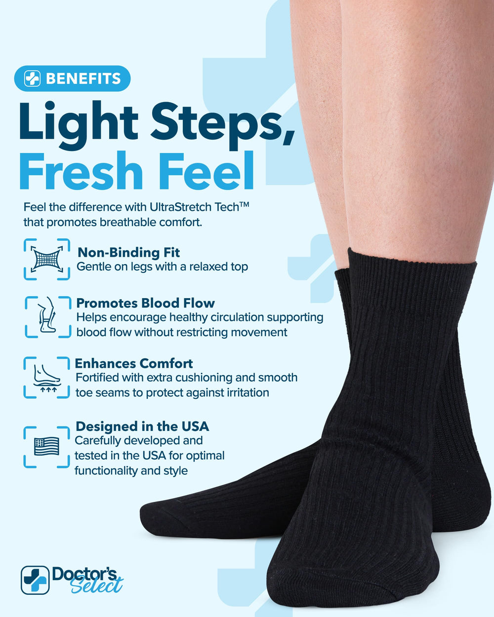 Doctor's Select diabetic socks feature a smooth toe seam for irritation-free wear.