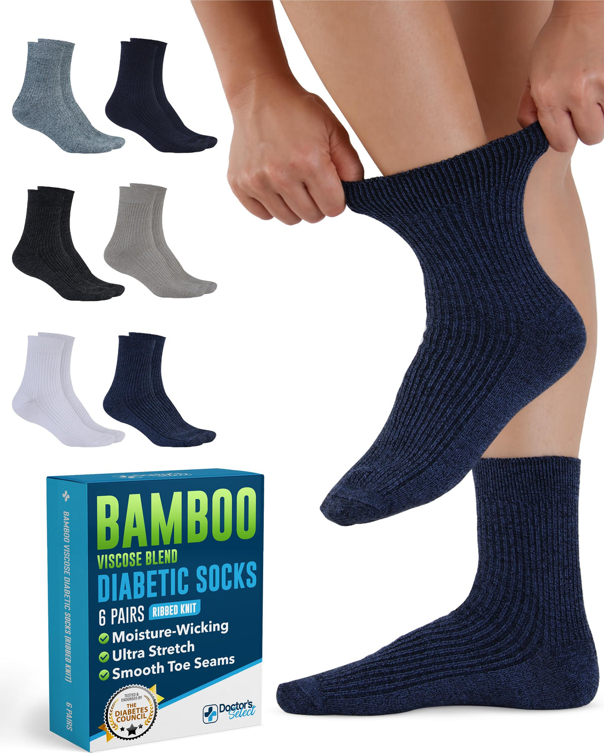 Doctor's Select bamboo viscose diabetic socks pack front view for comfortable daily wear