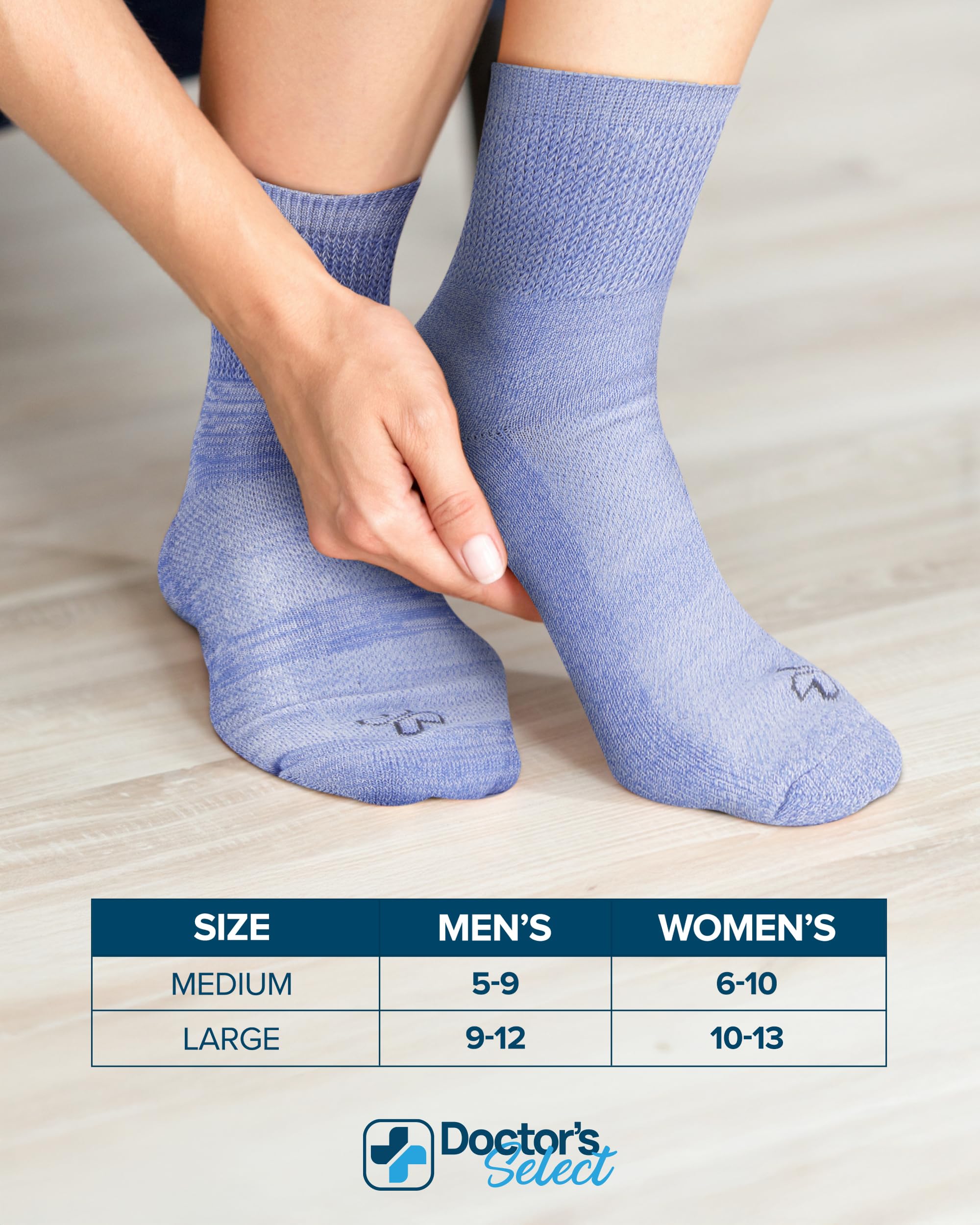 Doctors Select bamboo viscose diabetic socks sized for men and women with non-binding fit