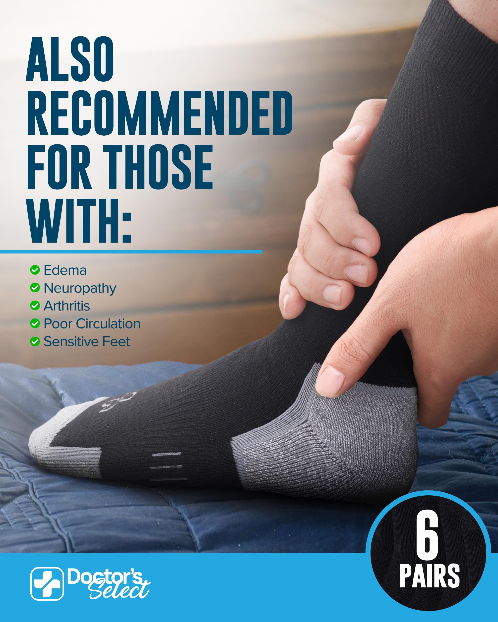 Doctor's Select bamboo viscose diabetic socks sizes chart highlighting medium and large options