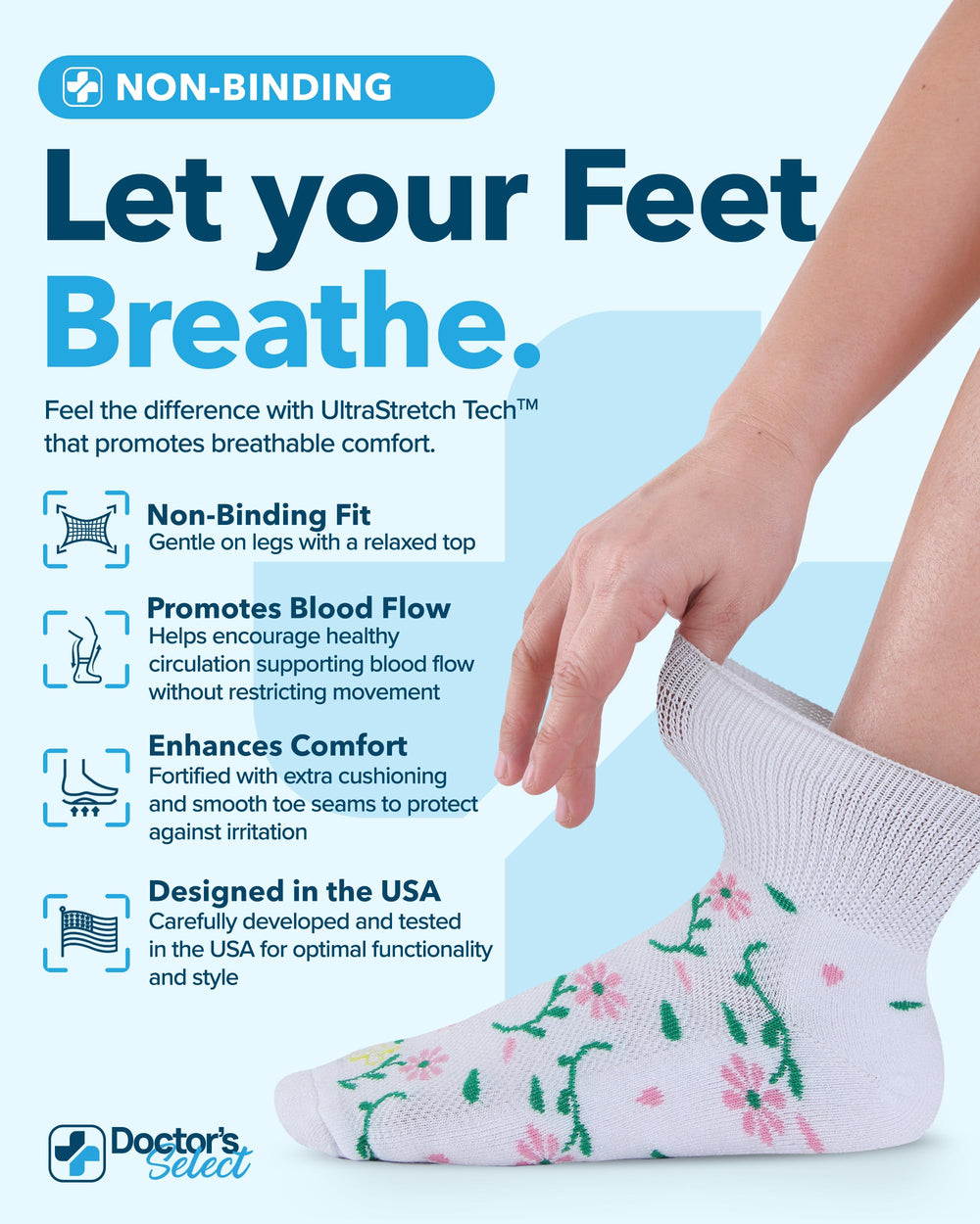 Doctor's Select diabetic socks with wide top design for easy wear and reduced pressure.