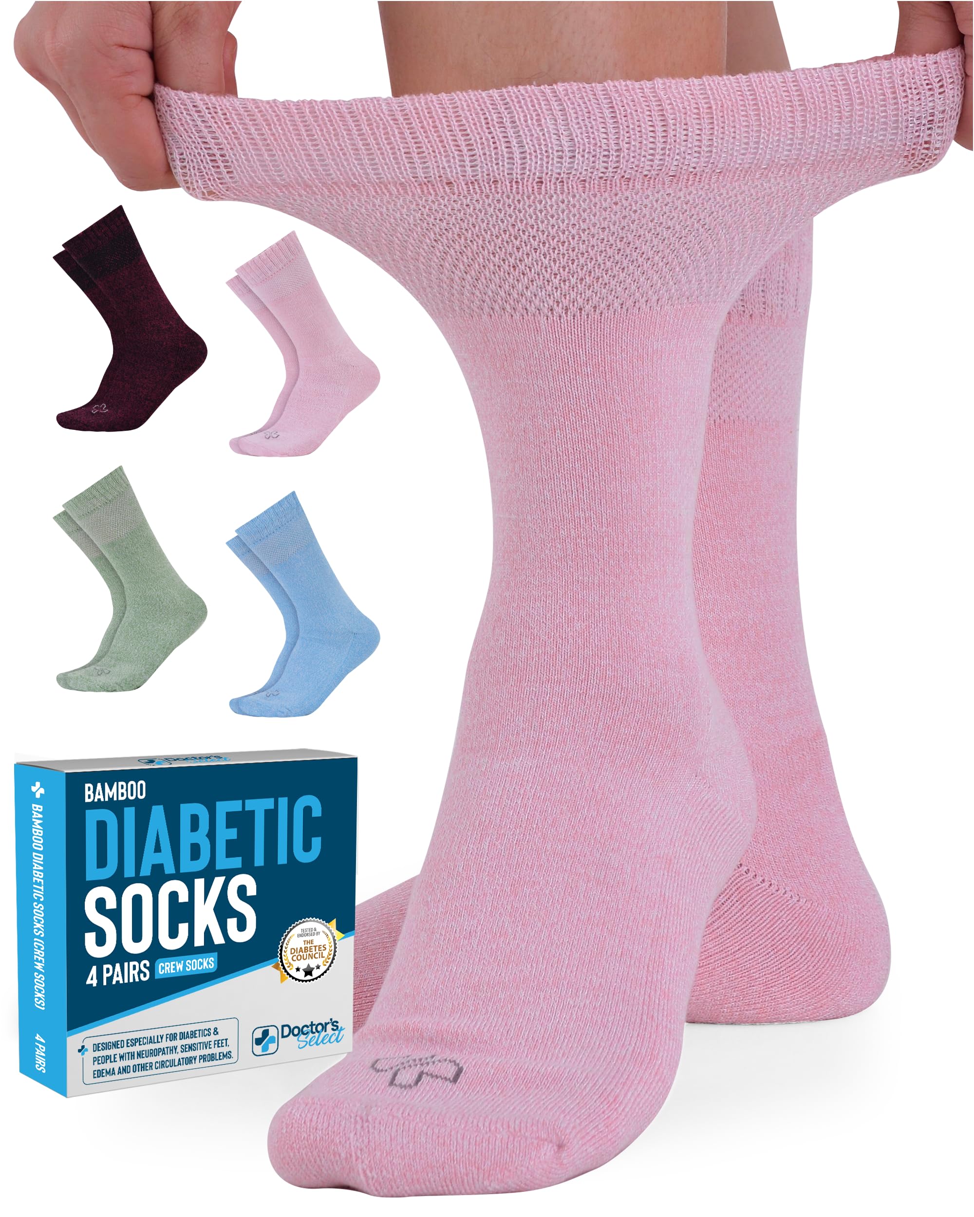 Doctor's Select bamboo viscose diabetic socks for women, pack front view, breathable comfort.