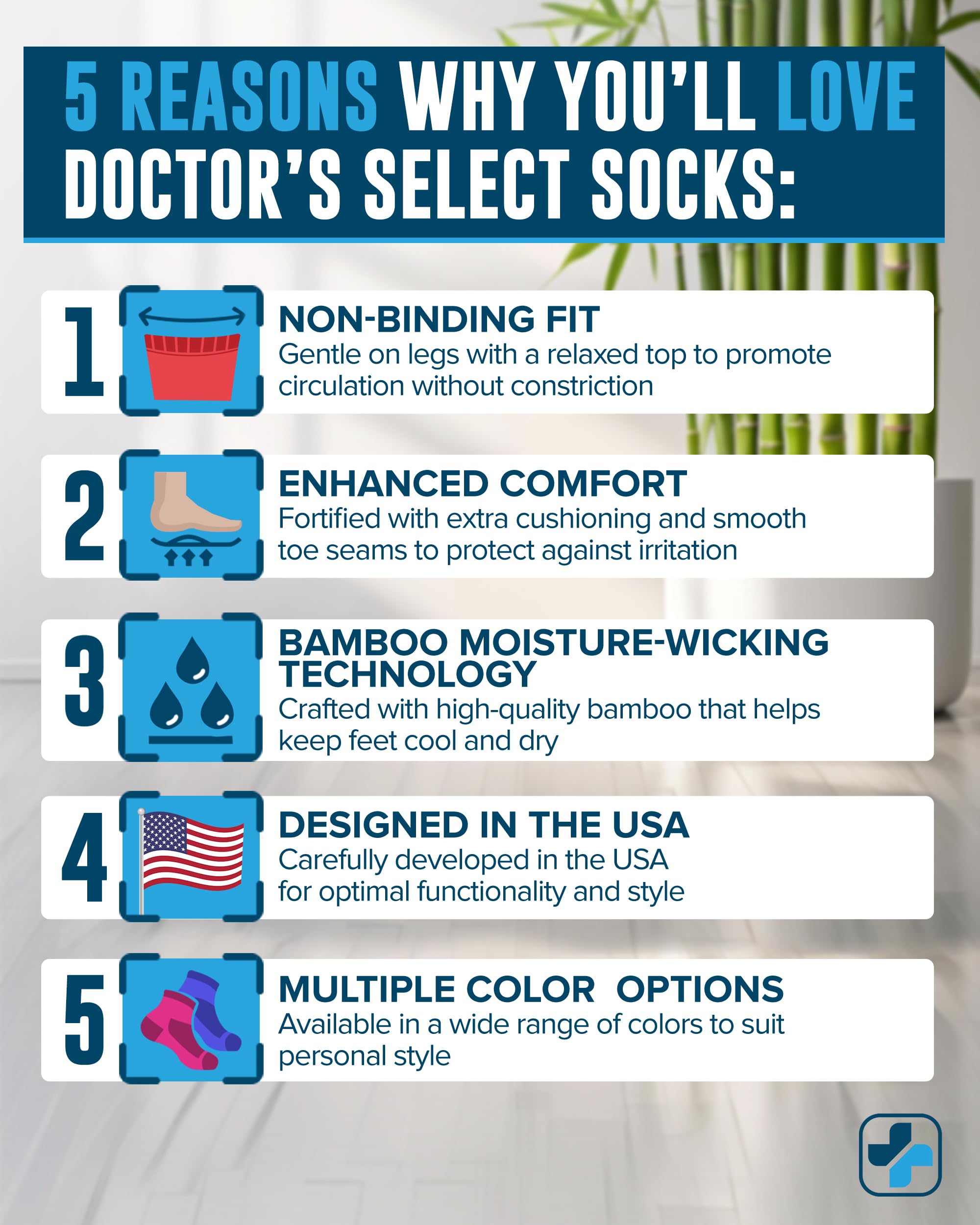 Calcetines diabeticos Doctor's Select de bambú azul marino, lateral, absorben humedad para pies secos.