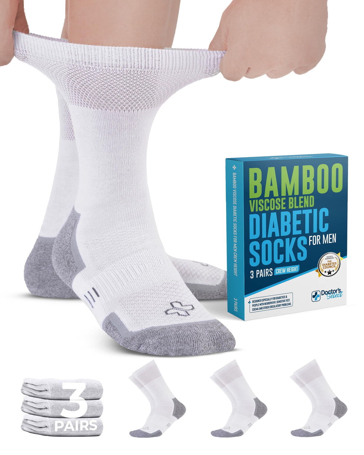 Calcetines diabéticos Doctor's Select en empaque; comodidad diaria para el pie sensible.