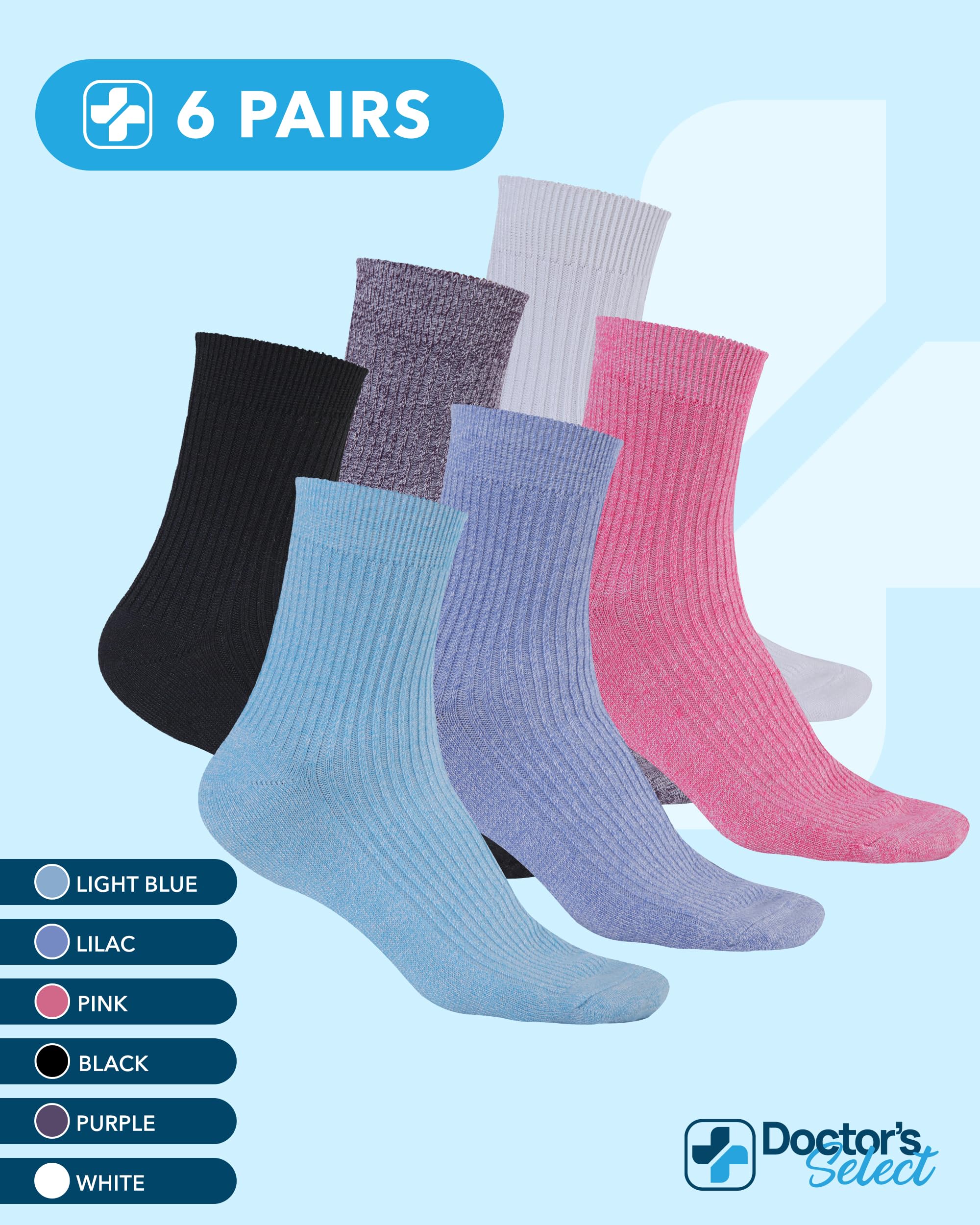 Doctor's Select diabetic socks in black, white, and soft tones