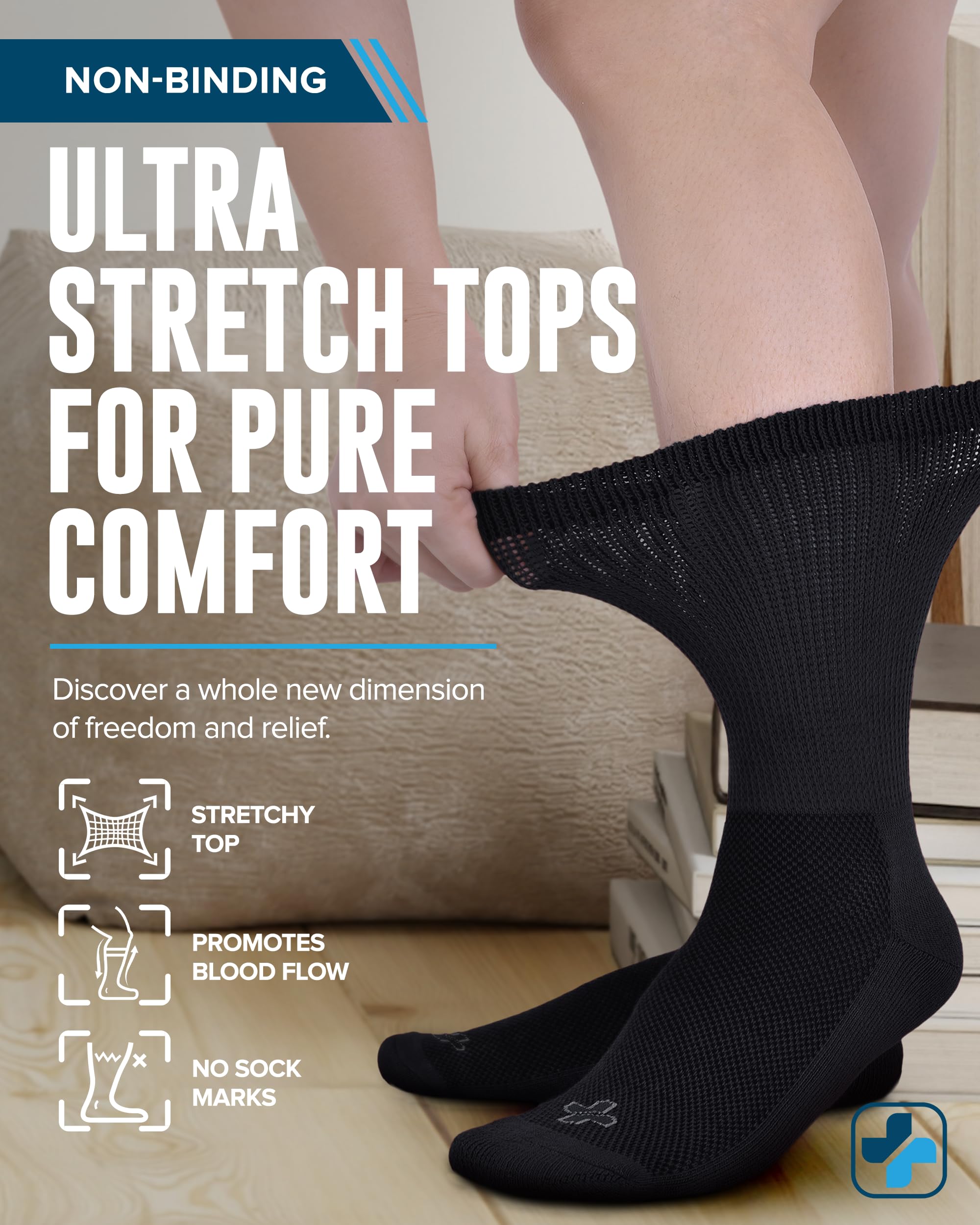 Doctor's Select diabetic socks crew model demonstrates all-day comfort